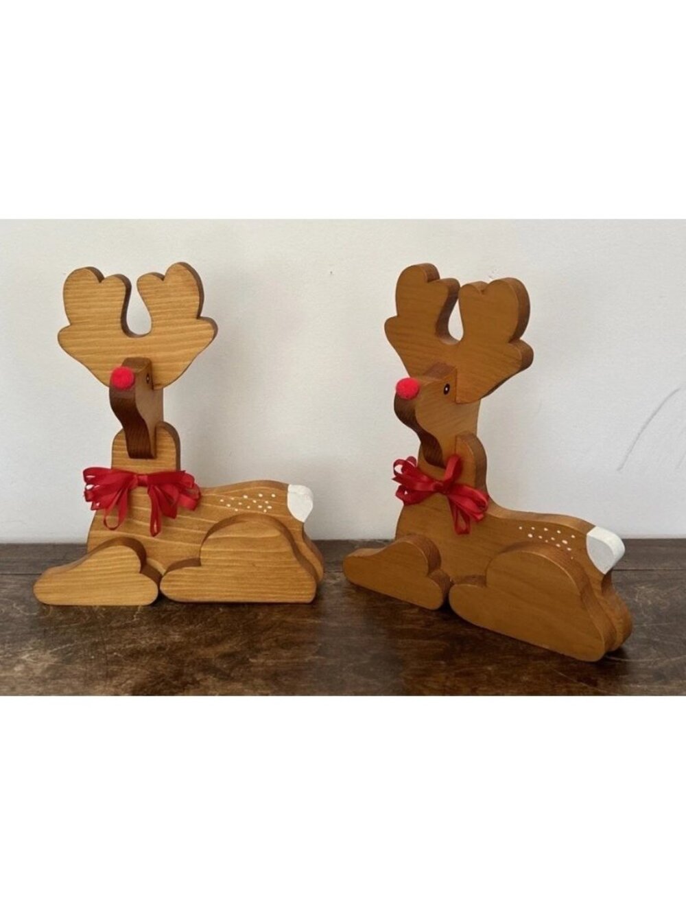 2- Handcrafted Pine Wood Rudolf Reindeer Christmas Holiday Decor Vintage